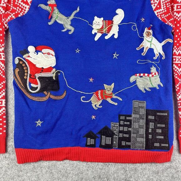 Jolly Sweaters Ugly Christmas Fair Isle Cats Adult XL Blue Red Stars Lights Up* - Picture 6 of 12